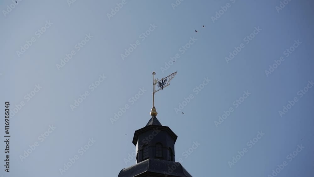 Close-up view of roof of old tower with weather vane near which many swallow birds fly Close-up view of roof of old tower with weather vane near which many swallow birds fly
