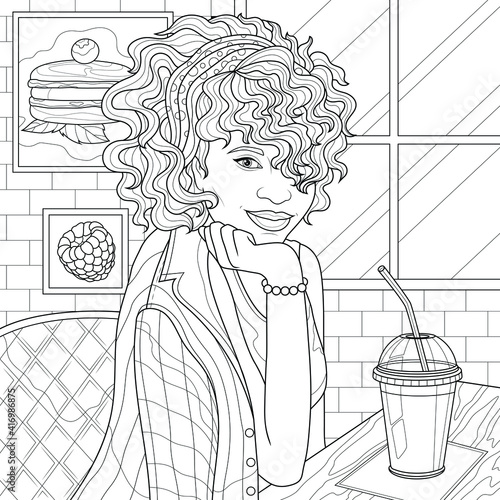 Black girl in cafe.Coloring book antistress for children and adults. Illustration isolated on white background.Zen-tangle style. Hand draw