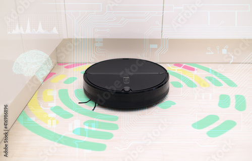 Photography the concept of using sensors for the robot vacuum cleaner to achieve optimal movement and cleaning