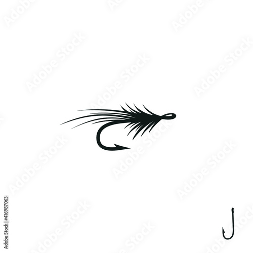 hook with fly, bait for fishing, vector illustration, flat silhouette 