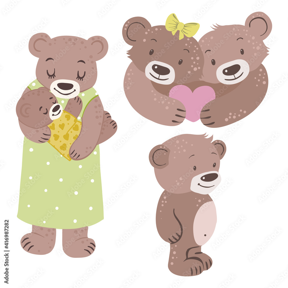 Cute bears with heart, mother with baby, vector Cute bears with heart, mother with baby, vector