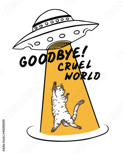 Cat taken away by ufo illustration