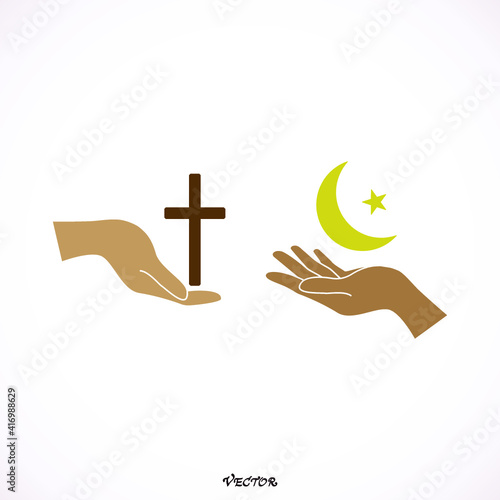 Hands hold the Christian and Islamic symbol,Vector image, flat design, 