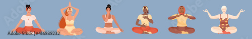 Abdominal Breathing Set. Young Multiracial Women practice deep breathing. Breath Awareness Yoga Exercise. Vector flat cartoon Illustration.