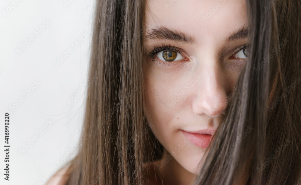 european brunette woman with long hair face close up, european brunette woman with long hair face close up,