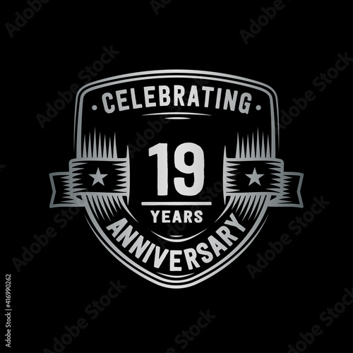 19 years anniversary celebration shield design template. Vector and illustration.