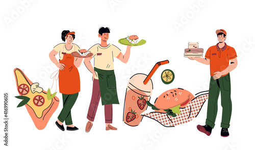 Take away service staff including waiter and waitress with delivery man, cartoon vector illustration isolated on white background. Take away restaurant employees.