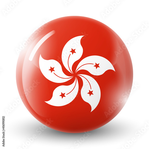 Glass light ball with flag of Hong Kong. Round sphere, template icon. National symbol. Glossy realistic ball, 3D abstract vector illustration highlighted on a white background. Big bubble.