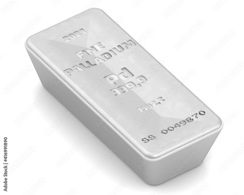 The highest standard palladium bar. One ingot of 999.9 Fine Palladium bar isolated on white background. 3D illustration The highest standard palladium bar. One ingot of 999.9 Fine Palladium bar isolated on white background. 3D illustration