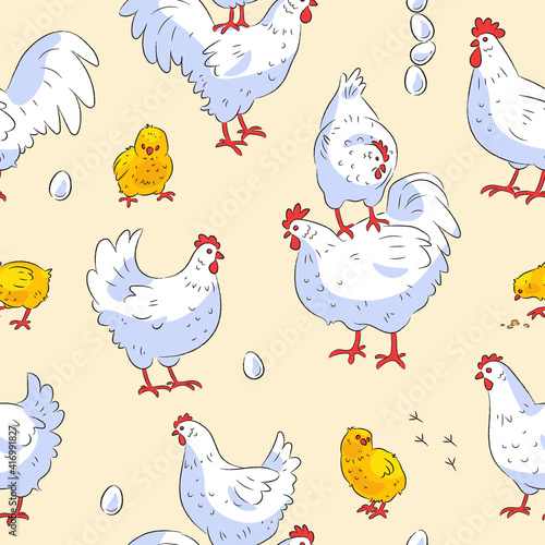 Seamless pattern with hens and roosters Vector illustration