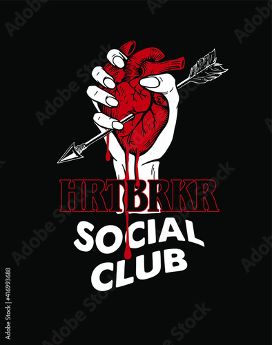 hand holding heart with arrow illustration  and with slogan heartbreaker social club for poster sticker or t shirt design photo