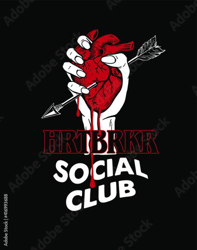 hand holding heart with arrow illustration  and with slogan heartbreaker social club for poster sticker or t shirt design