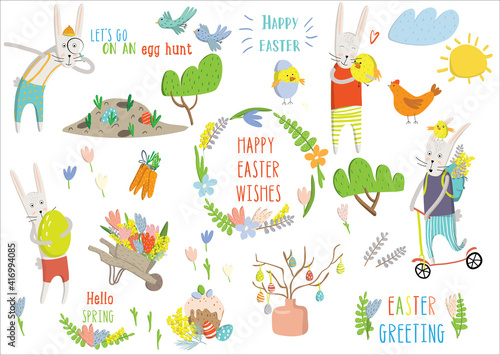 Set Easter cartoon characters and design elements. Easter bunny  chickens  eggs  easter tree  tulips  mimosa. Vector illustration. Perfect for holiday decoration and spring greeting cards  poster