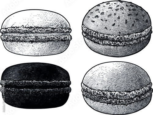 Macaron cookies illustration, drawing, engraving, ink, line art, vector