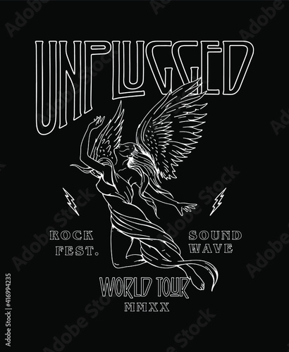 Unplugged rock music festival poster design with dramatic posed angel illustration