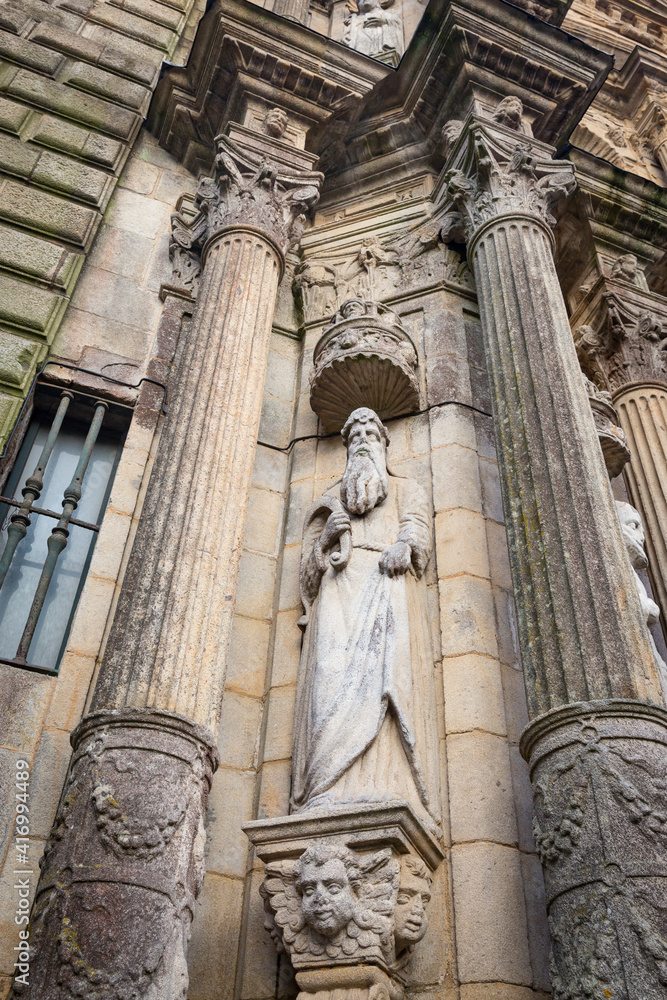 detail of a statue between columns of the church of San Martin Pinario in Santiago de Compostela, province of A Coruna, Galicia, Spain detail of a statue between columns of the church of San Martin Pinario in Santiago de Compostela, province of A Coruna, Galicia, Spain