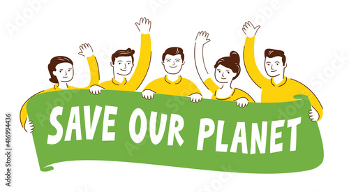 Ecology protest. People on a rally holding banner. Save our planet, ecological movement concept flat vector illustration