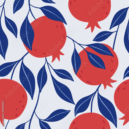 Colorful seamless pattern of hand drawn red pomegranate and leaves. Perfect for textile manufacturing wallpaper posters etc. Vector illustration