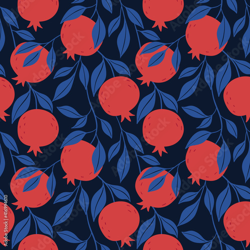 Colorful seamless pattern of hand drawn red pomegranate and leaves. Perfect for textile manufacturing wallpaper posters etc. Vector illustration