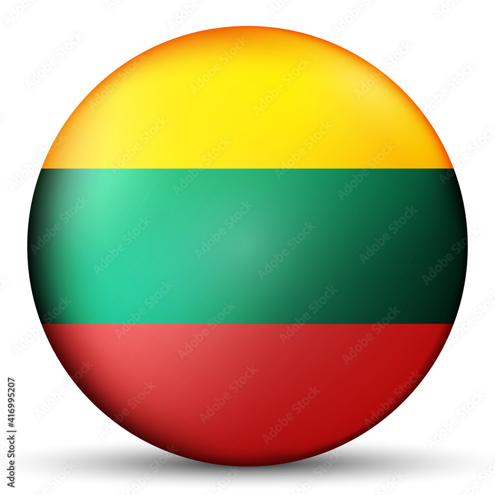 Glass light ball with flag of Lithuania. Round sphere, template icon. Lithuanian national symbol. Glossy realistic ball, 3D abstract vector illustration highlighted on a white background. Big bubble. Glass light ball with flag of Lithuania. Round sphere, template icon. Lithuanian national symbol. Glossy realistic ball, 3D abstract vector illustration highlighted on a white background. Big bubble.