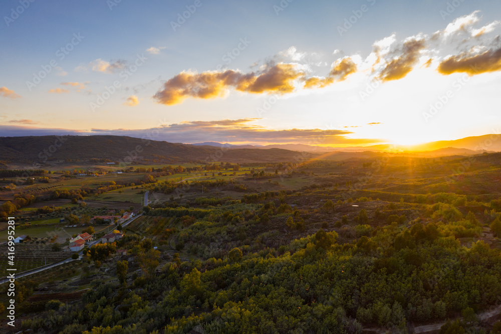 Drone aerial panorama of Sortelha near Termas Radium Hotel Serra da Pena at sunset in Portugal