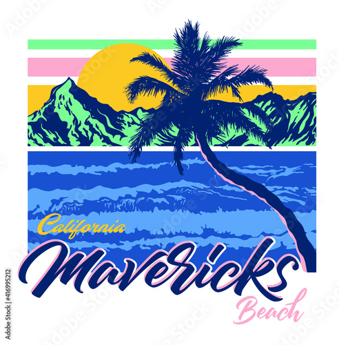 Mavericks Beach California hand drawn illustration photo