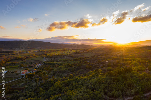 Drone aerial panorama of Sortelha near Termas Radium Hotel Serra da Pena at sunset in Portugal