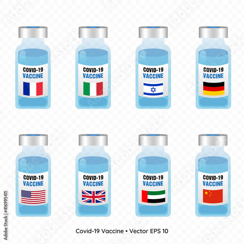 Set of covid-19 vaccine vials with country flags isolated on transparent background, vector illustration. Concept of vaccination in different countries