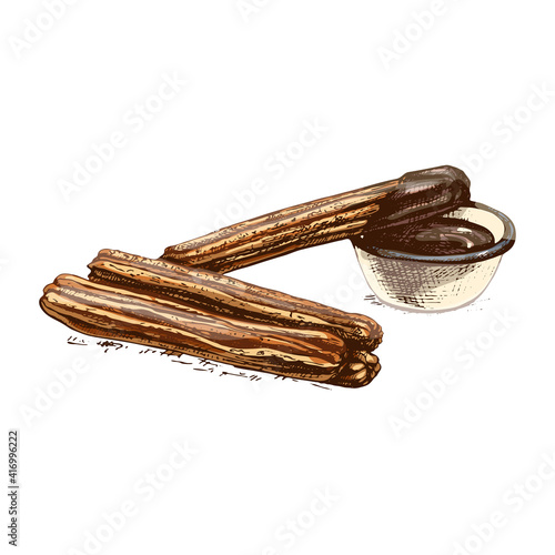 Churros and bowl with hot chocolate. Vector vintage hatching color illustration.