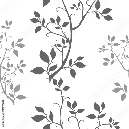 Gray branches with leaves on a white background.