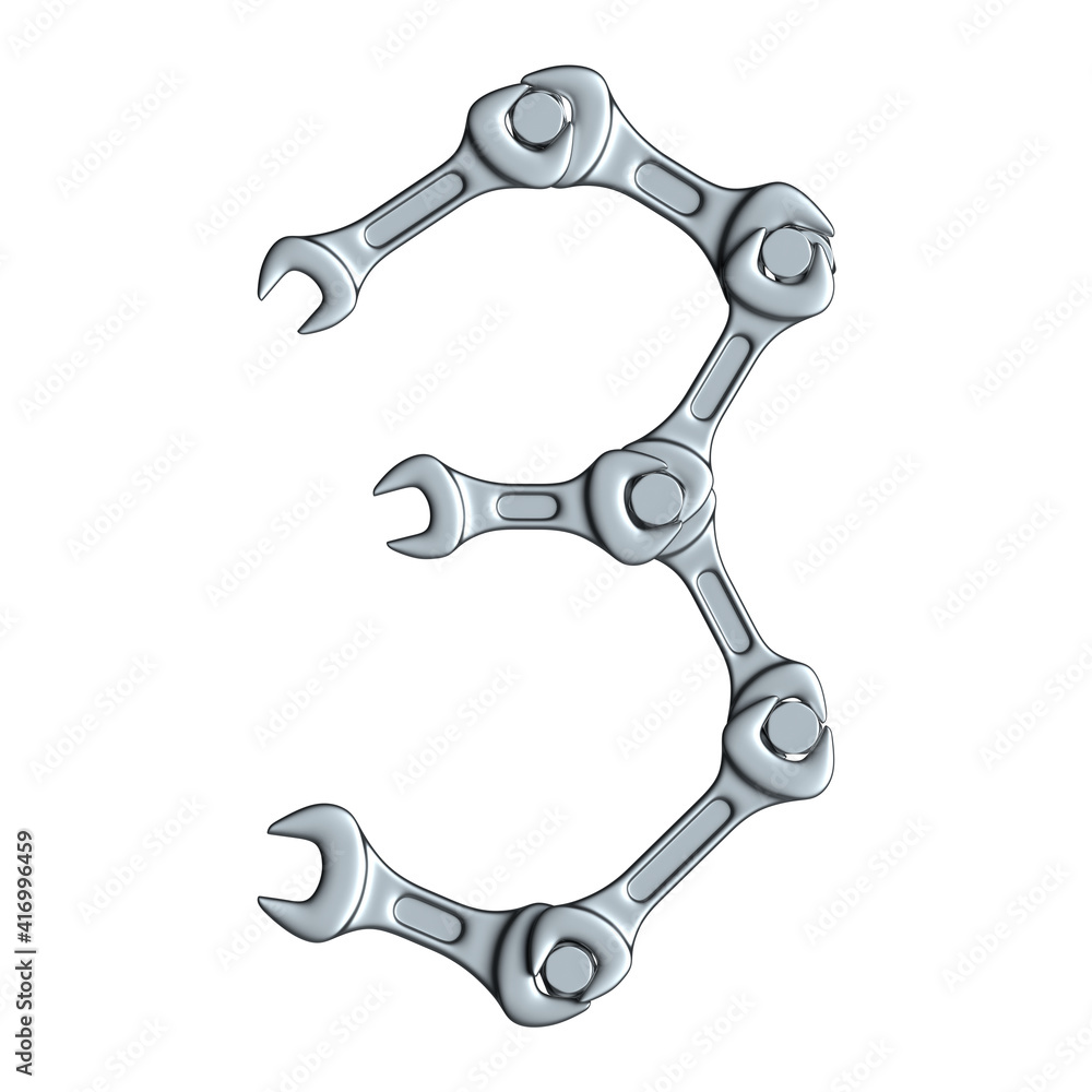 Number 3 made of steel wrenches and bolts isolated on white, 3d rendering Number 3 made of steel wrenches and bolts isolated on white, 3d rendering