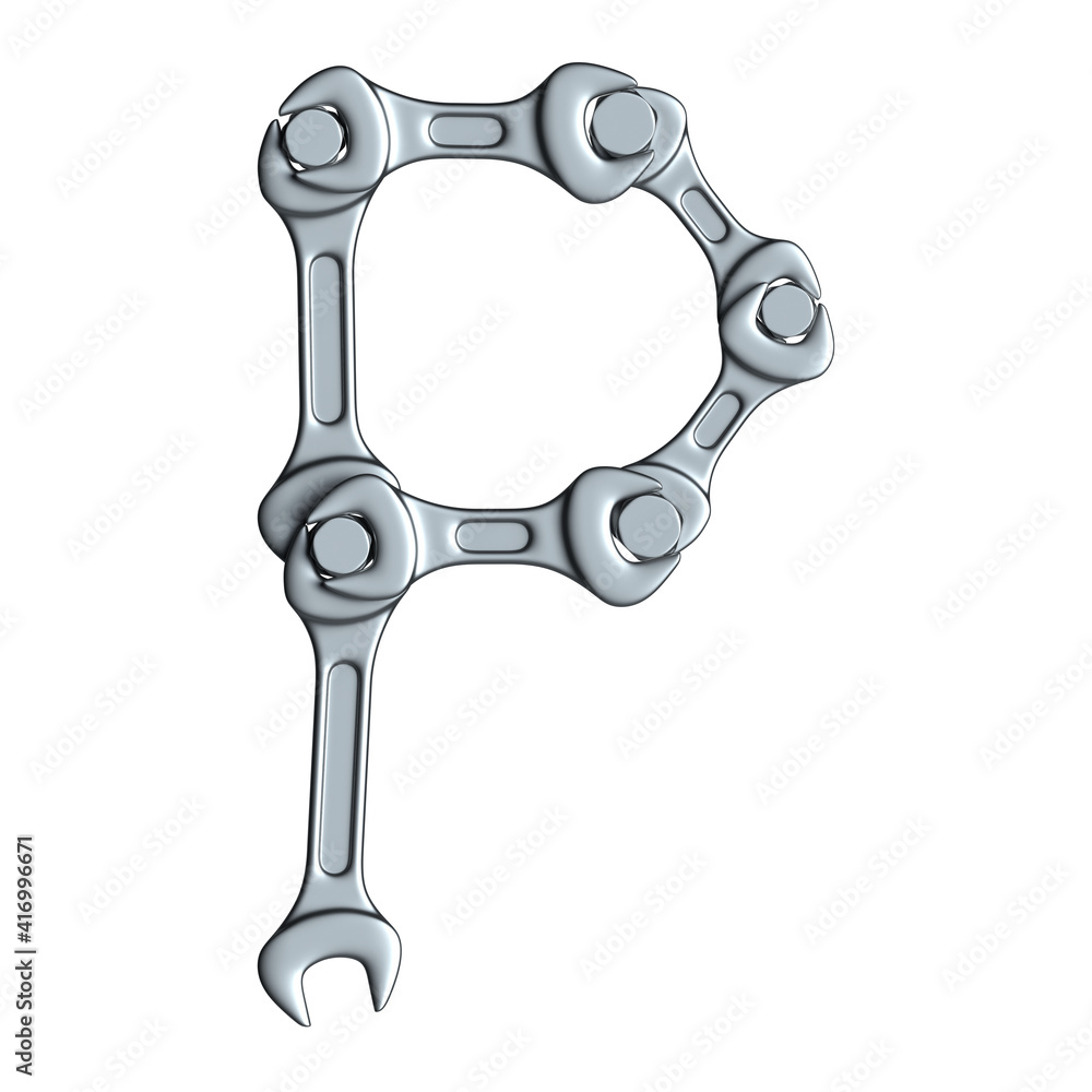 Letter P made of steel wrenches and bolts isolated on white, 3d rendering Letter P made of steel wrenches and bolts isolated on white, 3d rendering