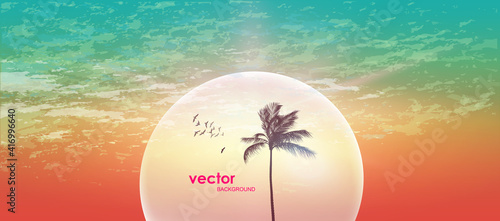Silhouette of tropical palm tree at sunset or sunrise, with cloudy sky . Highly detailed and editable