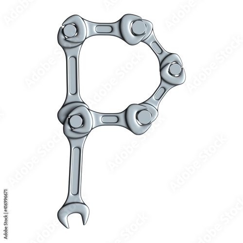Letter P made of steel wrenches and bolts isolated on white, 3d rendering