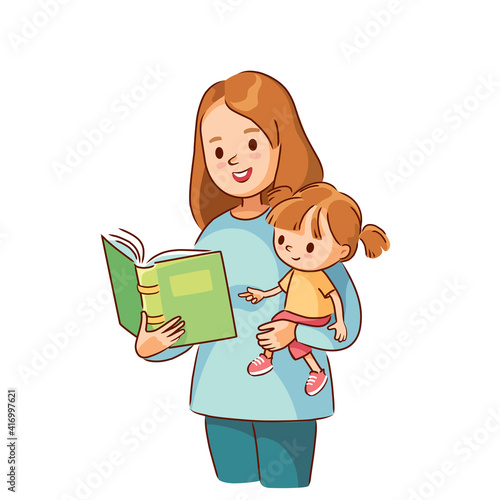 Vector illustration mother mum reading fairy tale book to baby child daughter. Mother reading a book for kid. Mom with daughter. Early education. Mother teaches child to read.