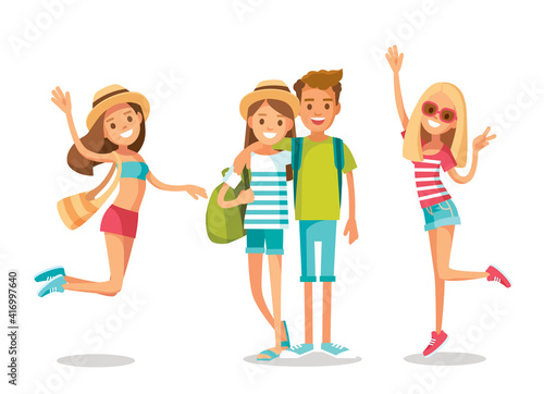 Set group young happy tourists traveling people. Young people on summer vacation. Girl waving hand, doing victory sign. Vector young traveling friends, couple, pair, mates, twosome traveling together.