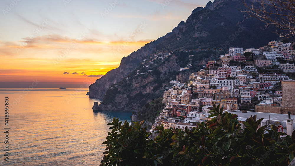 Sunset in Positano on the Amalfi Coast, a dream atmosphere