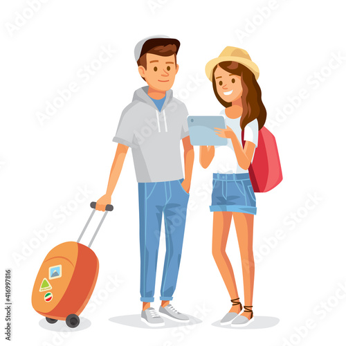 Travelling couple going to go on vacation. Portrait of travellers tourists with travel bag and map. Young pair on trip,journey, voyage. Young girl with tablet PC.