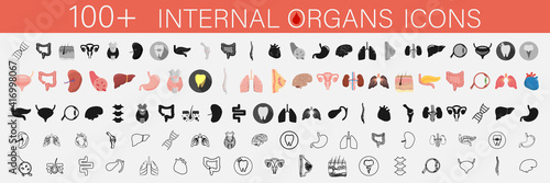 A set of more than a hundred icons of internal organs and parts of man. Icons related to medicine, training, individual human organs. Human Anatomy. Heart, brain, liver, kidneys, spine and other.