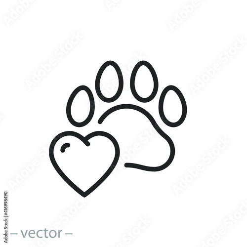 heart with animal paw icon, love for a dog or cat, paw print, care pet concept, donate or charity for animals logo, thin line symbol on white background - editable stroke vector illustration
