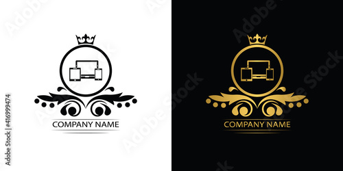 Smart Devices logo template luxury royal vector service company. Phone , tablet, laptop , computer shop decorative emblem with crown	
