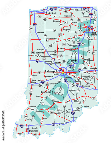 Vector map of the state of Indiana and its Interstate System.