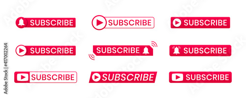 Red subscribe button icons with ring symbol. Subscribe to channel for blogging, streaming, broadcasting. Template for social media. Concept of business subscription, advertisement