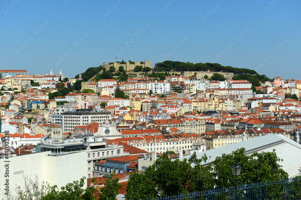 Lisbon skyline and Castle of Sao Jorge (Portuguese: Castelo de Sao Jorge), city of Lisbon, Portugal. 