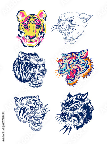 Tigers and panther heads illustration