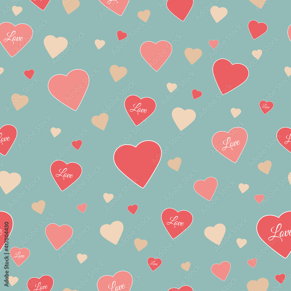 Pattern with hearts and the inscription love. The design is perfect for wrapping paper with Valentine's Day gifts or birthday gifts.