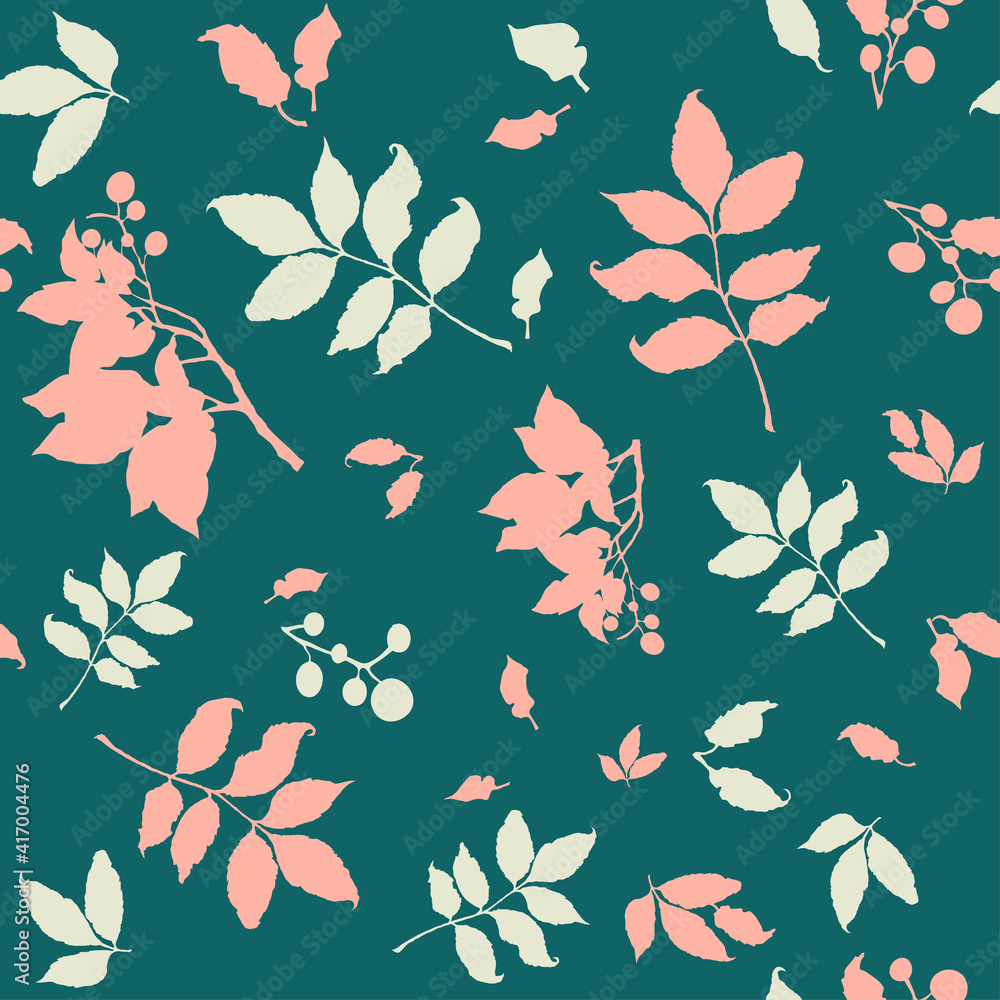 Vector pattern with leaves and berries on a green background. Good for summer themed decor. Steal pillows or curtains in the room. Vector pattern with leaves and berries on a green background. Good for summer themed decor. Steal pillows or curtains in the room.