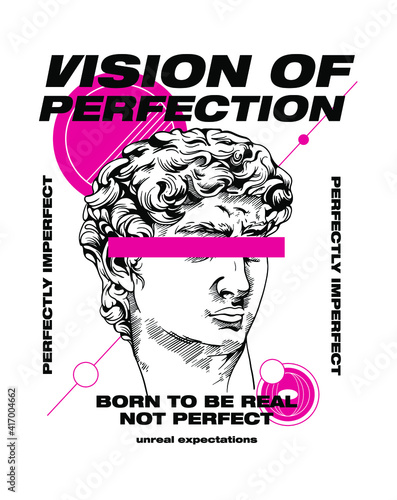 Vision of Perfection slogan print design with david statue illustration