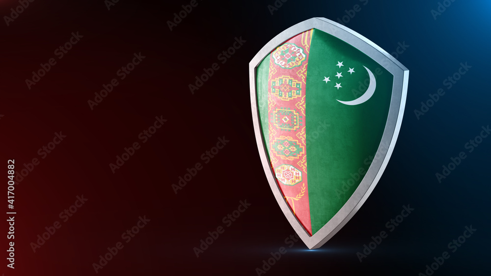 Steel armor painted as Turkmenistan flag. Protection shield and safeguard concept. Safety badge. Security label and Defense sign. Force and strong symbol. Steel armor painted as Turkmenistan flag. Protection shield and safeguard concept. Safety badge. Security label and Defense sign. Force and strong symbol.