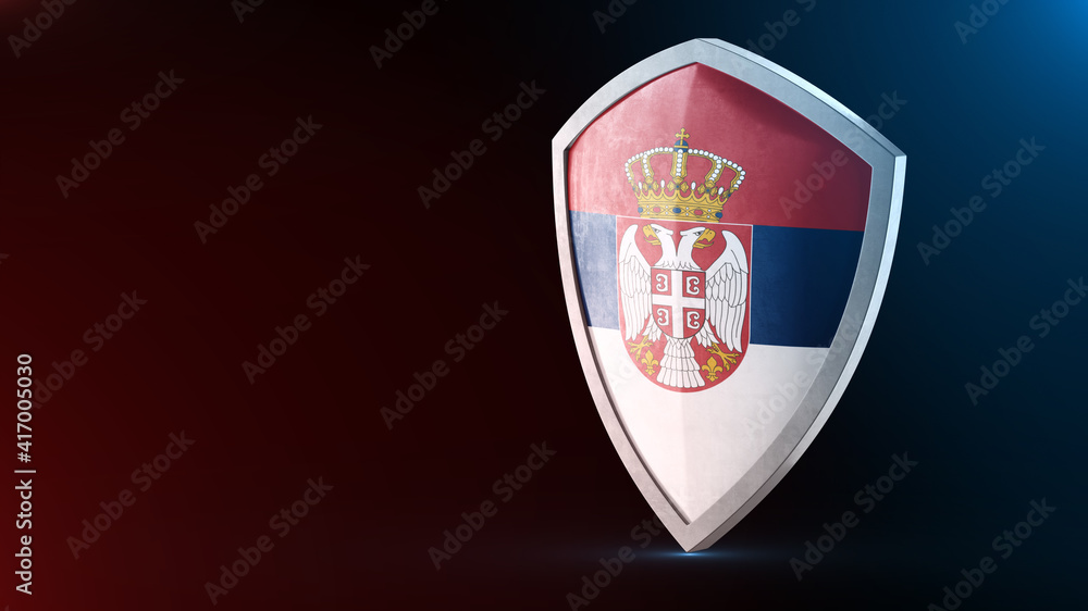 Steel armor painted as Serbia flag. Protection shield and safeguard concept. Safety badge. Security label and Defense sign. Force and strong symbol. Steel armor painted as Serbia flag. Protection shield and safeguard concept. Safety badge. Security label and Defense sign. Force and strong symbol.
